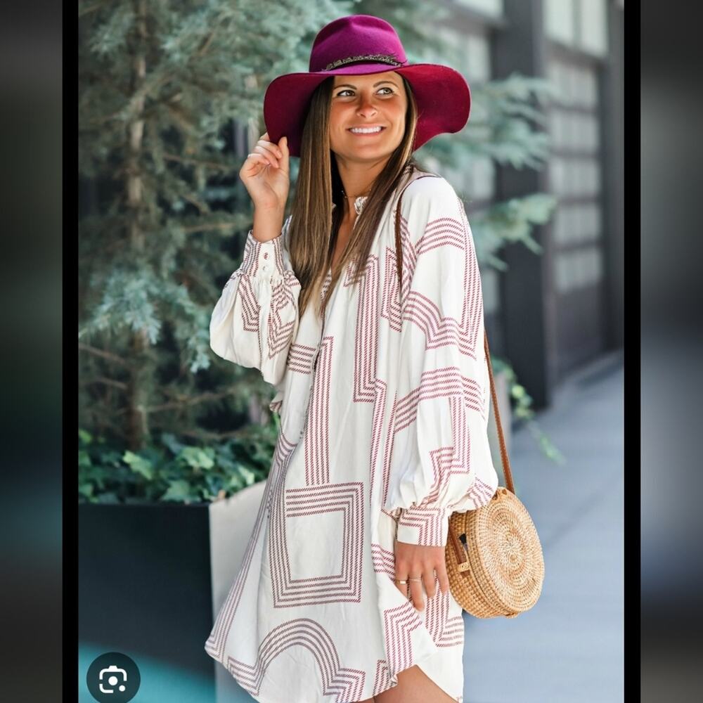 NWT H&M Plus Size 18 Geometric Print Tunic Dress Cream Maroon Oversized Boho